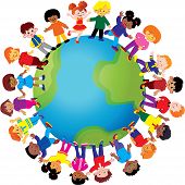 stock photo of world  - Happy kids of different nationalities play together around the world - JPG 