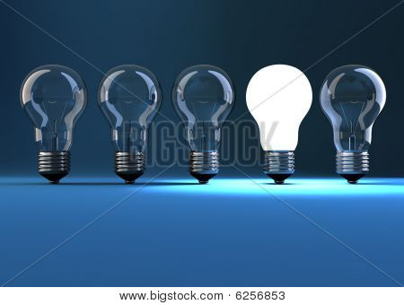 Picture or Photo of Lit bulb in a row of dim one - 3d render