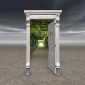 stock photo of portal  - Portal into another dimension represented by a doorway in the middle of a barren wasteland opening into a garden path with a light at the end - JPG 