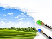 picture of blue sky  - Coloring landscape with blue sky and green grass with a brush - JPG 
