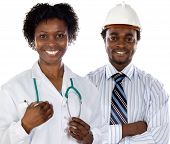stock photo of construction worker  - Couple of african americans doctor and engineer a over white background - JPG 