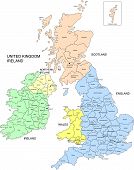 picture of map  - England Ireland Scotland Northern Ireland and Wales Adobe Illustrator eps map broken down by administrative districts Color with district names capitals and major cities editable objects - JPG 