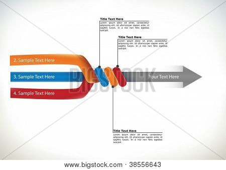 Picture or Photo of Presentation flow chart with three component arms uniting to form a single directional arrow conceptual of components, streamling and teamwork