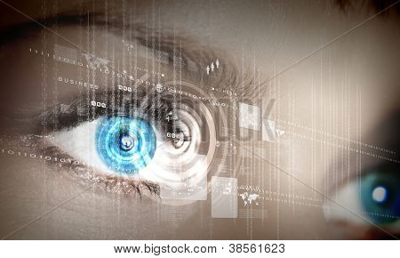 Picture or Photo of Eye viewing digital information represented by circles and signs