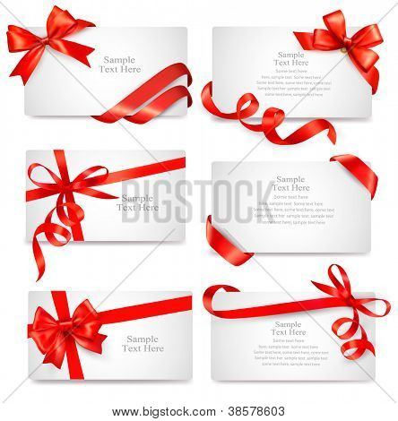 Picture or Photo of Set of beautiful cards with red gift bows with ribbons Vector