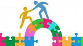 stock photo of puzzle  - Person helps people join and solve bridge puzzle - JPG 