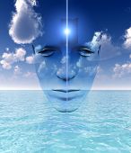 stock photo of mind  - A very abstract and conceptual image of a mans face all about imagination and open mindness - JPG 