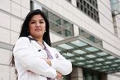 stock photo of medical doctors  - portrait of a young female doctor standing outside in front of a medical building - JPG 