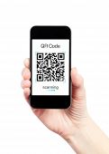 foto of code  - Hand holding mobile smart phone with QR code scanner on the screen - JPG 