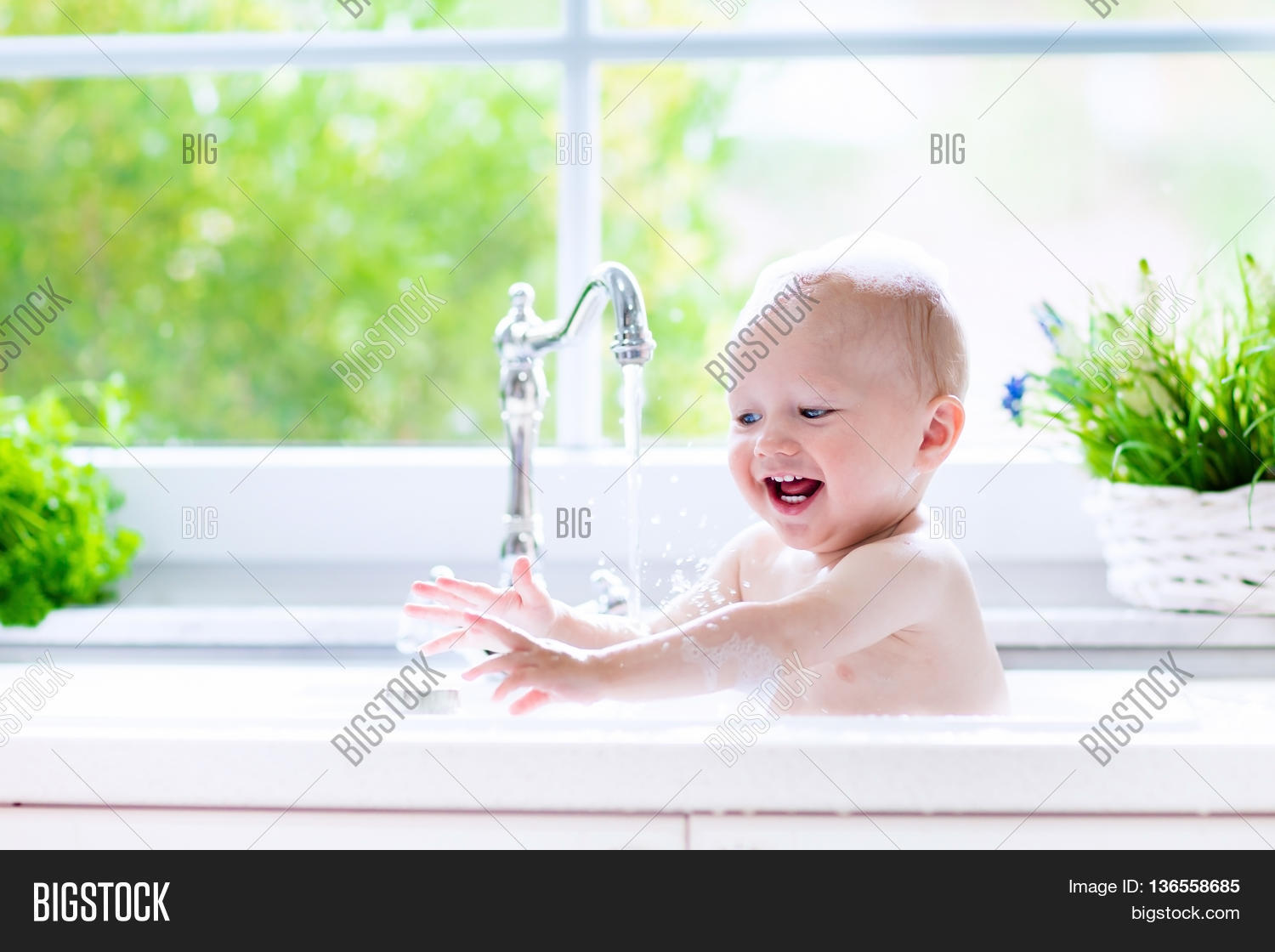 Baby Taking Bath Kitchen Sink. Image & Photo Bigstock