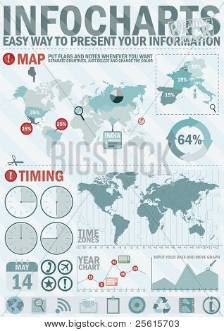 Picture or Photo of Infochart creative pack. Easy assembling elements for presentation and graph. Including world map, time zones map and set of business related icons