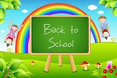stock photo of youngster  - illustration of back to school on black board with flying kids in landscape background - JPG 