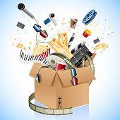 stock photo of objects  - illustration of entertainment and cinema object popping out of carton box - JPG 