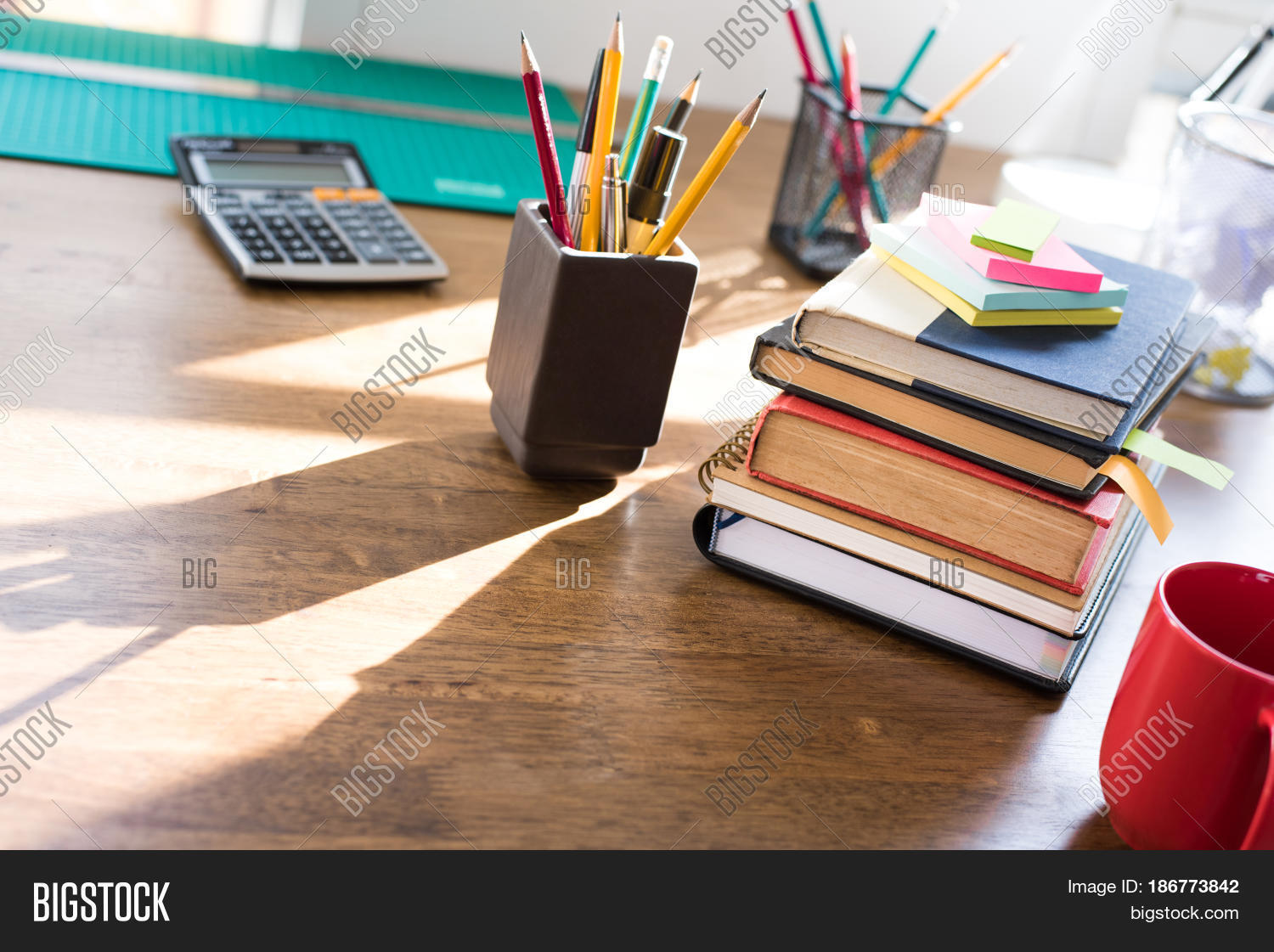 Stack Books Office Supplies On Wood Image & Photo Bigstock
