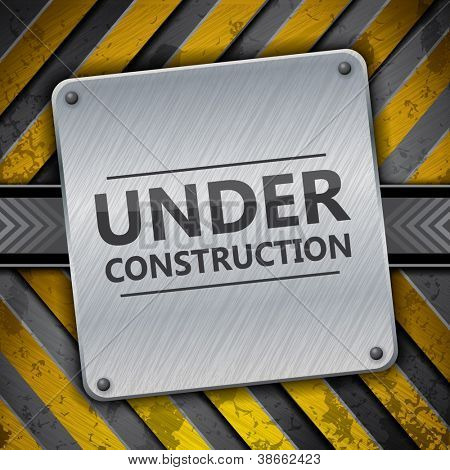Picture or Photo of Under construction metal sign on metallic warning stripes, vector
