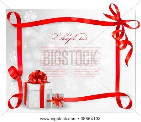 Picture or Photo of Holiday background with red gift bow with gift boxes. Vector illustration.