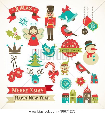 Picture or Photo of Christmas retro icons, elements and illustrations