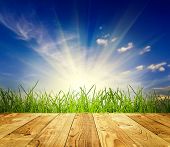 picture of warp  - wood textured backgrounds in a room interior on the sky field backgrounds - JPG 