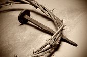 image of religion  - closeup of a representation of the Jesus Christ crown of thorns and nail - JPG 