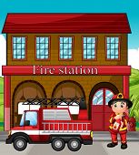 stock photo of illustration  - Illustration of a fireman with a fire truck in a fire station - JPG 
