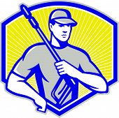 stock photo of pressure  - Illustration of a worker with water blaster pressure power washing sprayer spraying set inside circle done in retro style - JPG 