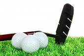 picture of golf  - Golf balls and driver on grass isolated on white - JPG 