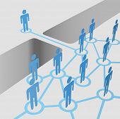 picture of gap  - People bridge a gap to connect and join network nodes in a merger team - JPG 