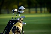 pic of golf  - A set up new golf clubs on a beautiful golf course - JPG 