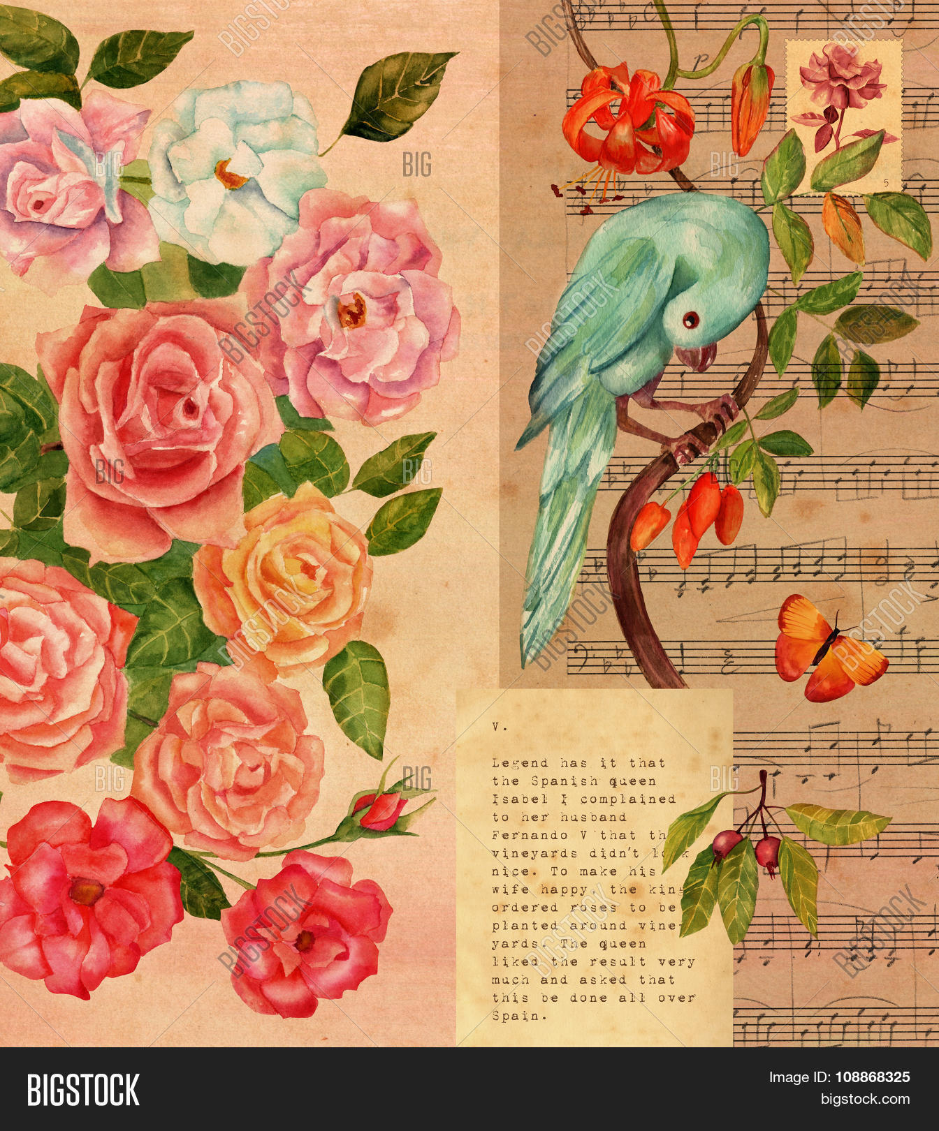 Vintage Collage With Sheet Music, Watercolor Roses Vintage Collage With Sheet Music, Watercolor Roses