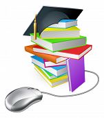 stock photo of mouse  - Online education training or learning concept a computer mouse connected to a stack of books with graduation cap on it - JPG 