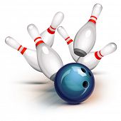 stock photo of competition  - Bowling ball crashing into the pins - JPG 