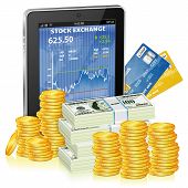 foto of money  - Financial Concept Make Money on the Internet with Tablet PC and Stock Market Application on Screen and Money icon isolated on white vector - JPG 