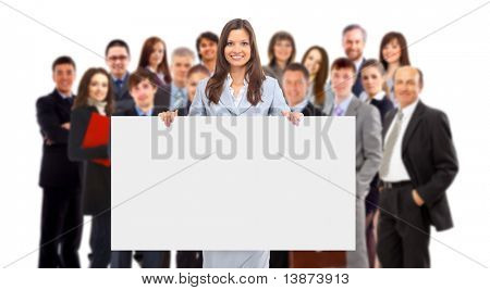 Picture or Photo of Group of business people holding a banner ad isolated on white