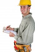 pic of construction worker  - A handsome contruction worker taking noted isolated over white - JPG 