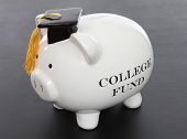 stock photo of funds  - A piggy bank to act as a college fund over black background - JPG 