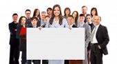 picture of group  - group of business people holding a banner ad isolated on white - JPG 