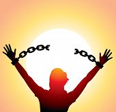 image of religion  - vector silhouette of a girl with raised hands and broken chains - JPG 
