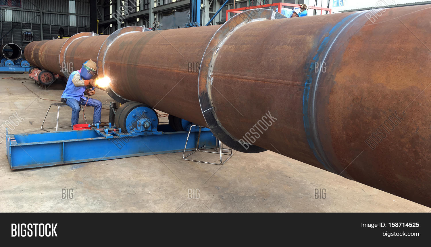 Welding Person Weld Oil And Gas Offshore Industry Big Pipe Work In A