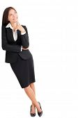 foto of woman  - Businesswoman thinking leaning on wall looking up at copy space - JPG 