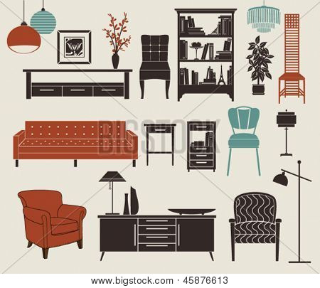 Picture or Photo of Furniture and Home Accessories - Set of design elements, including chest of drawers, bookshelf, stylized chairs, armchair, vintage chandeliers and home decoration