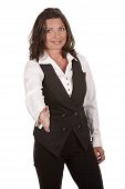 stock photo of handshake  - business woman showing handshake gesture on white background - JPG 
