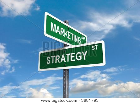 Picture or Photo of Marketing Strategy signs on clear blue sky