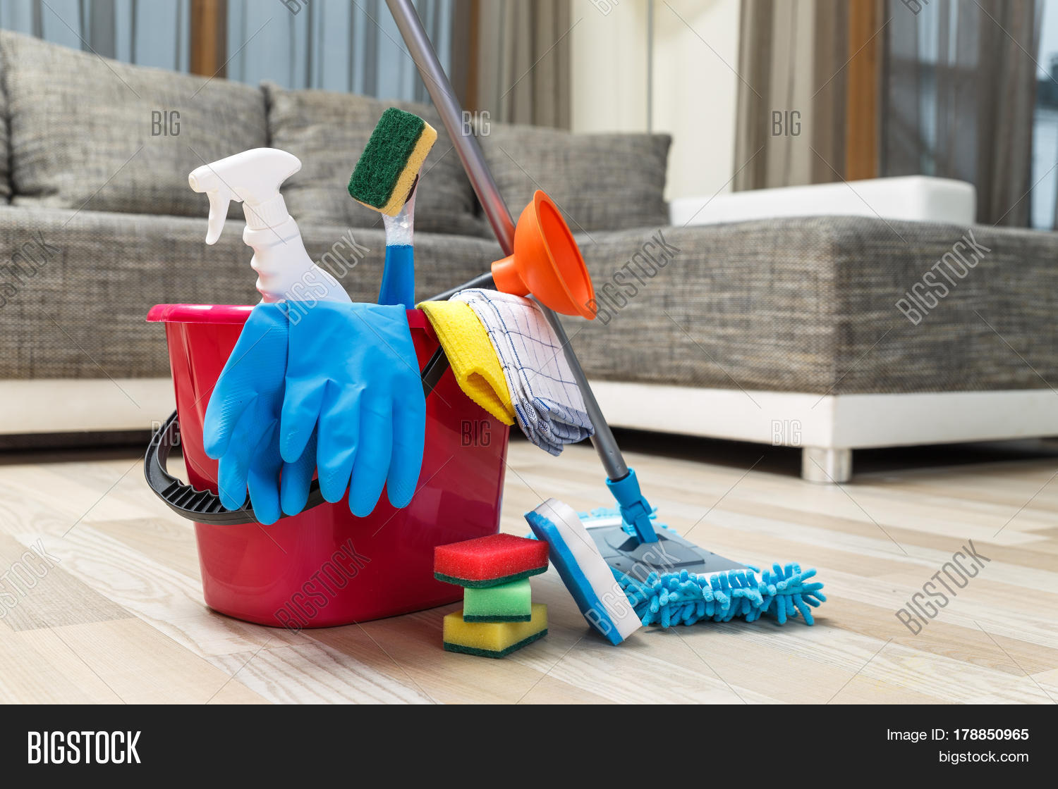Cleaning service. Bucket with sponges, chemicals bottles and mopping