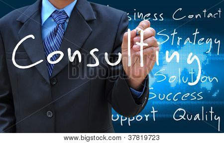 Picture or Photo of Businessman hand writing consulting on world map