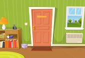 pic of entrance  - Illustration of a cartoon home interior with living room door entrance various household objects and window opened on a spring urban landscape - JPG 
