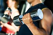 stock photo of gym  - Strong man exercising with dumbbells in a gym in the background a woman also lifting weights - JPG 