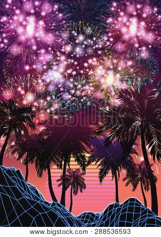 Poster: Neon Glowing Grid Rocks And