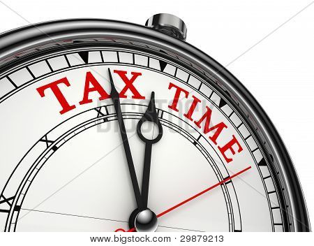 Picture or Photo of Tax time concept clock closeup isolated on white background with red and black words