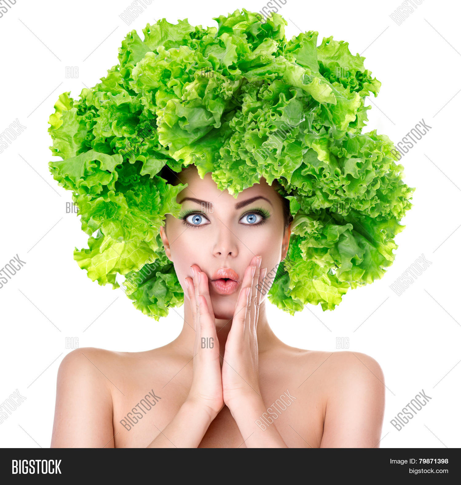 Surprised model girl with Lettuce hair style. Beautiful happy young