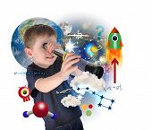 stock photo of science  - A young science boy is looking into space with carious astronomy icons - JPG 